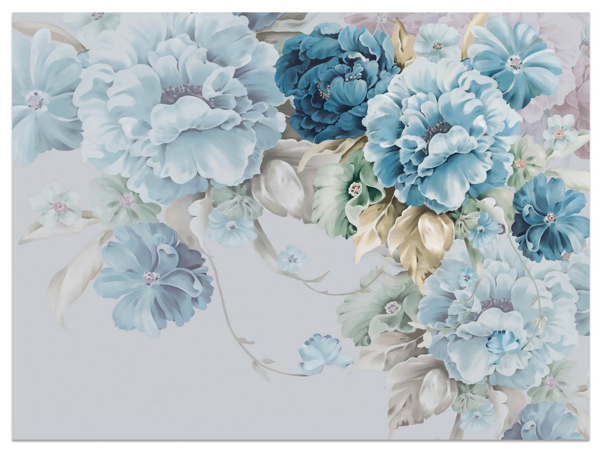 FOTOTAPETE für Schlafzimmer Blaue Pfingstrosen Zart Blumen Boho 100x70 - Blau/Gelb, Papier (100/70cm) - Muralo