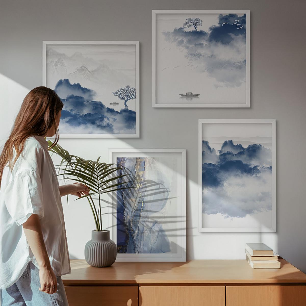 BILDER SET 4er Set - 50x50 cm & 40x60 cm Weißer Rahmen - Berge, Wolken, Bäume, Vögel im Hintergrund - Weiß, Kunststoff (50/50cm) - TULUP