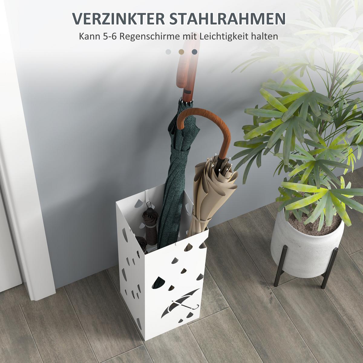 REGENSCHIRMSTÄNDER Schirmständer mit 4 Haken, Wasserauffangschale Stahl Weiß - Weiß, Metall (15.5/40/15.5cm) - HOMCOM