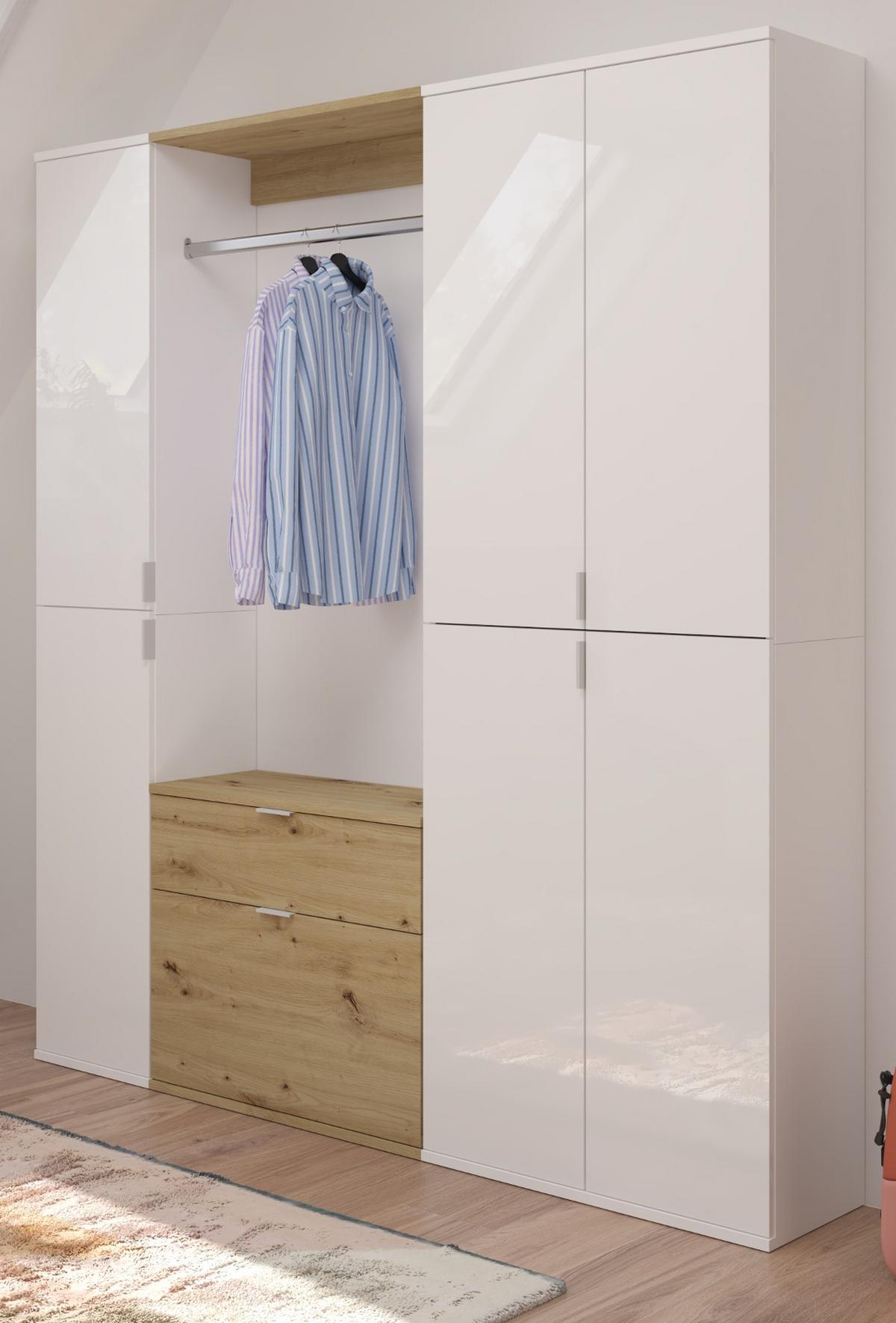 GARDEROBENSCHRANK weiß Hochglanz, Eiche 152 cm, Komplettset mit viel Stauraum - Weiß Hochglanz/Eiche Artisan, Holzwerkstoff/Metall (152/193/34cm) - Inn.Furn