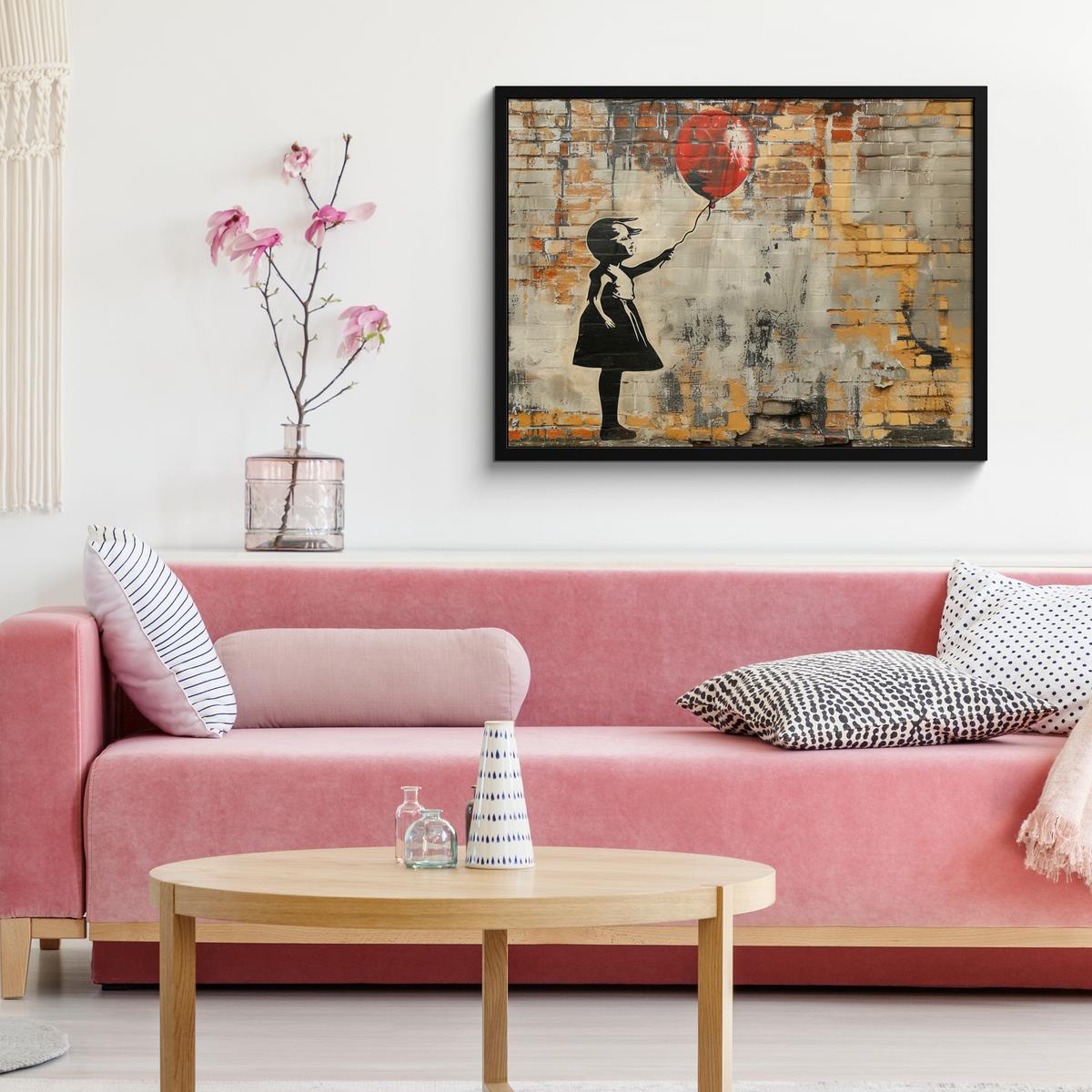 POSTER MIT RAHMENGERAHMTES BILD Graffiti - Banksy - Mädchen - Straßenkunst 80x60 cm - Sandfarben, Papier (80/60cm) - MuchoWow