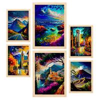 POSTER Set Mit 6 Berge Im Ölgemälde Stil A3 & A4 Rahmen Aus Hellem Holz - Beige, Papier (29/3cm) - Nacnic