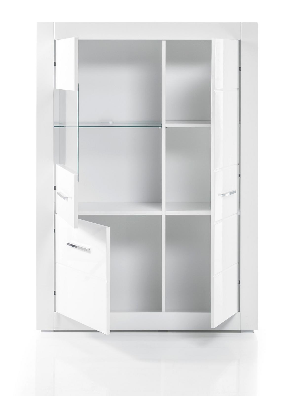 VITRINE weiß Hochglanz 100 x 142 cm, Highboard mit Chrom-Metallgriffen - Weiß Hochglanz/Silberfarben, Glas/Holzwerkstoff (100/142/35cm) - Furn.Design