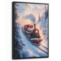 LEINWAND Bilder mit Rahmen - Weihnachtszug - Schnee - Winter - Weihnachten - 40x60 - Dunkelrot, Textil (40/60cm) - MuchoWow
