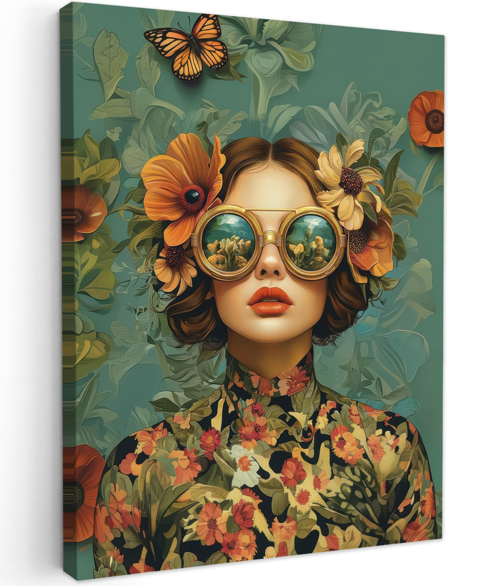LEINWANDBILD Frau - Blumen - Schmetterlinge - Natur - Vintage Room Decor 30x40 cm - Salbeigrün, Textil (30/40cm) - MuchoWow