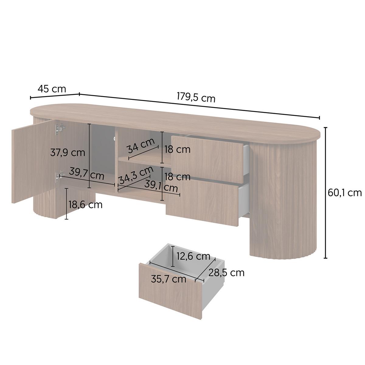 LOWBOARD Carlo mit 1 Tür und 2 Schubladen mit geriffelte Seiten 180 cm, Walnuss - Walnussfarben, Holzwerkstoff (180/60/45cm) - Beautysofa