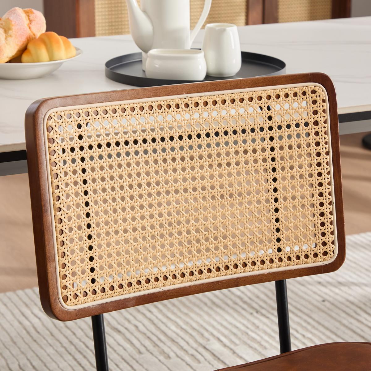 ESSZIMMERSTUHL 2er-Set Vintage PU-Leder Rattan-Optik Holz & Metallfüße - Braun, Leder (47/82/58cm) - Urban Meuble