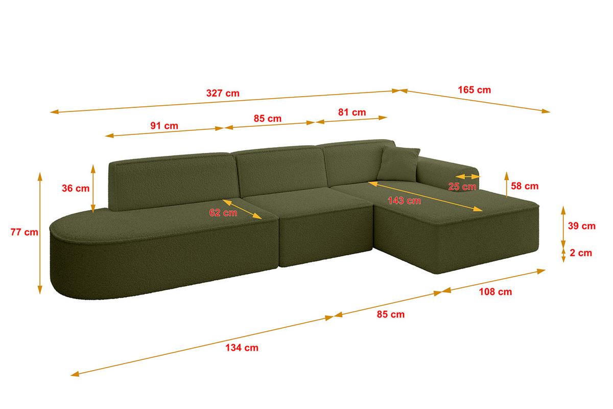 ECKSOFA Ottomane Rechts IREA-L2-v3 - 327x165x77 cm Grün - Platinfarben, Holzwerkstoff/Textil (327/165cm) - ALTDECOR