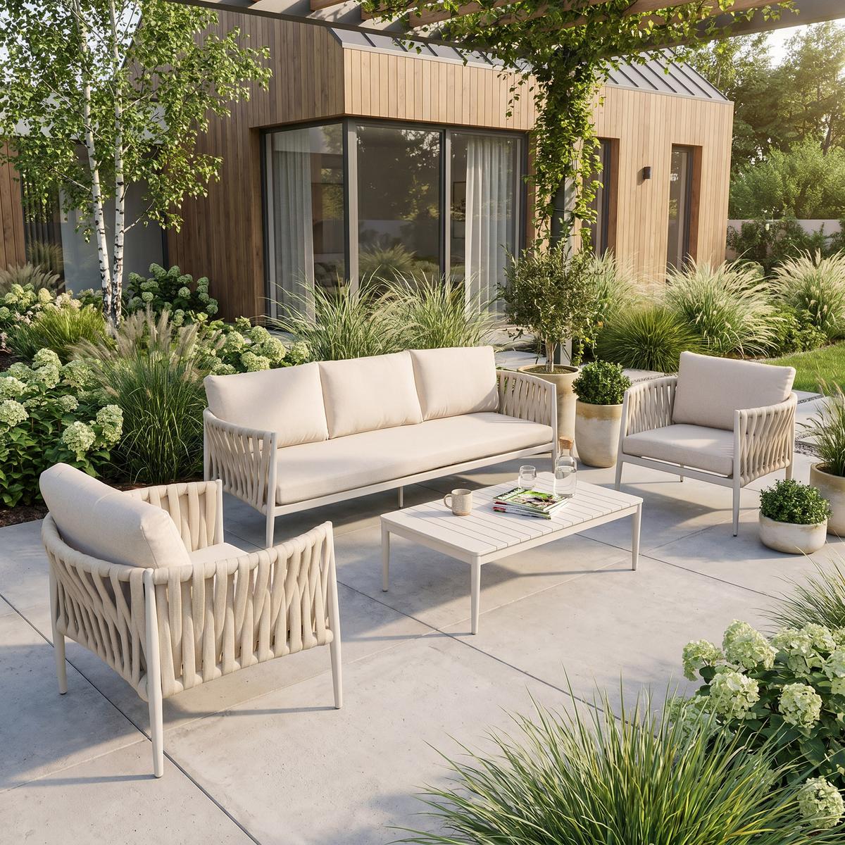 GARTENSET Riviera mit Sofas Sessel und Kaffeetisch, für 5 Personen, Metallbeine, Beige - Beige, Metall - Beautysofa