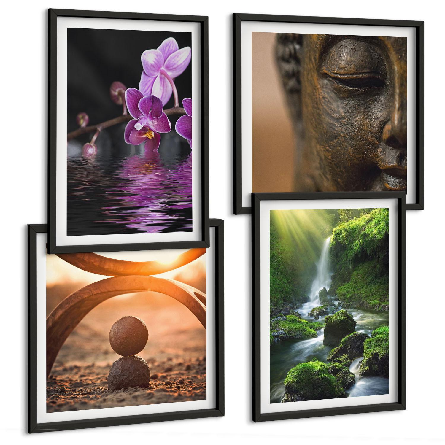 BILDER SET 4er Set - 50x50 cm & 40x60 cm Schwarzer Rahmen - Blumen im Wasser des Buddha-Wasserfalls - Schwarz, Kunststoff (50/50cm) - TULUP