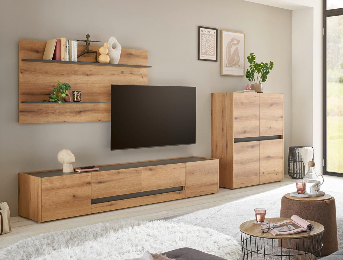 WOHNWAND Evoke Eiche, grau inklusive Beleuchtung, Wohnkombination Set 3-teilig, 343 cm - Eichefarben/Schwarz, Holzwerkstoff/Kunststoff (360/180/45cm) - Furn.Design
