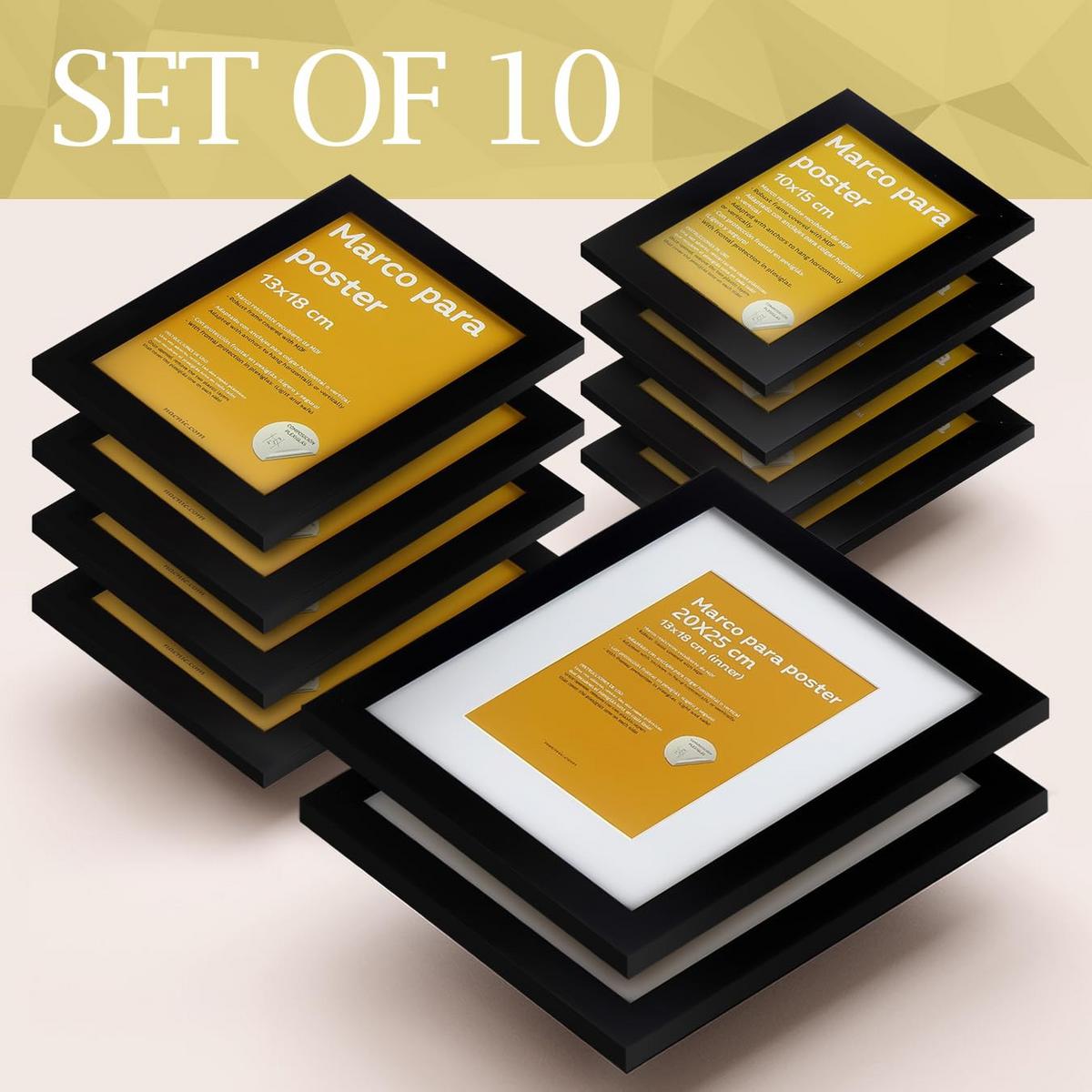 RAHMEN Set mit 10 aus MDF und Acrylglas Schutz und Aussteller für Fotografien, Bilder, Poster, Gemälde Farbe Schwarz 20x25, 13x18, 10x15 cm - Schwarz, Holz (20/3cm) - Nacnic