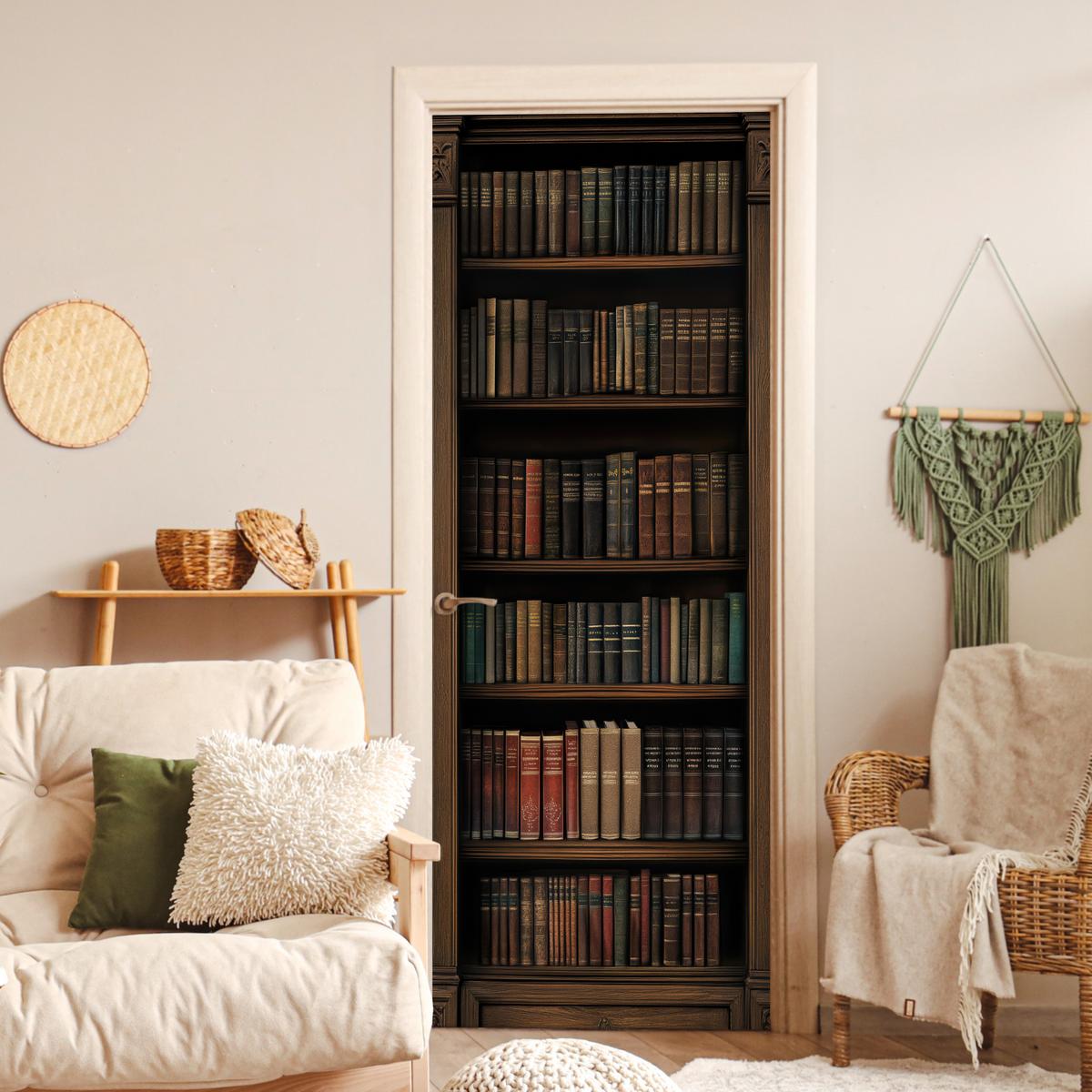 TÜRAUFKLEBER Bücherregal - Vintage - Braun 90x235 cm - Türtapete - Nussbaumfarben, Kunststoff (90/0.1cm) - MuchoWow