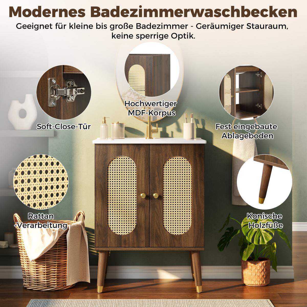 WASCHTISCHUNTERSCHRANK Walnuss mit Rattan-Türen & Keramikbecken - Walnussfarben, Holzwerkstoff (61/89/47cm) - Urban Meuble
