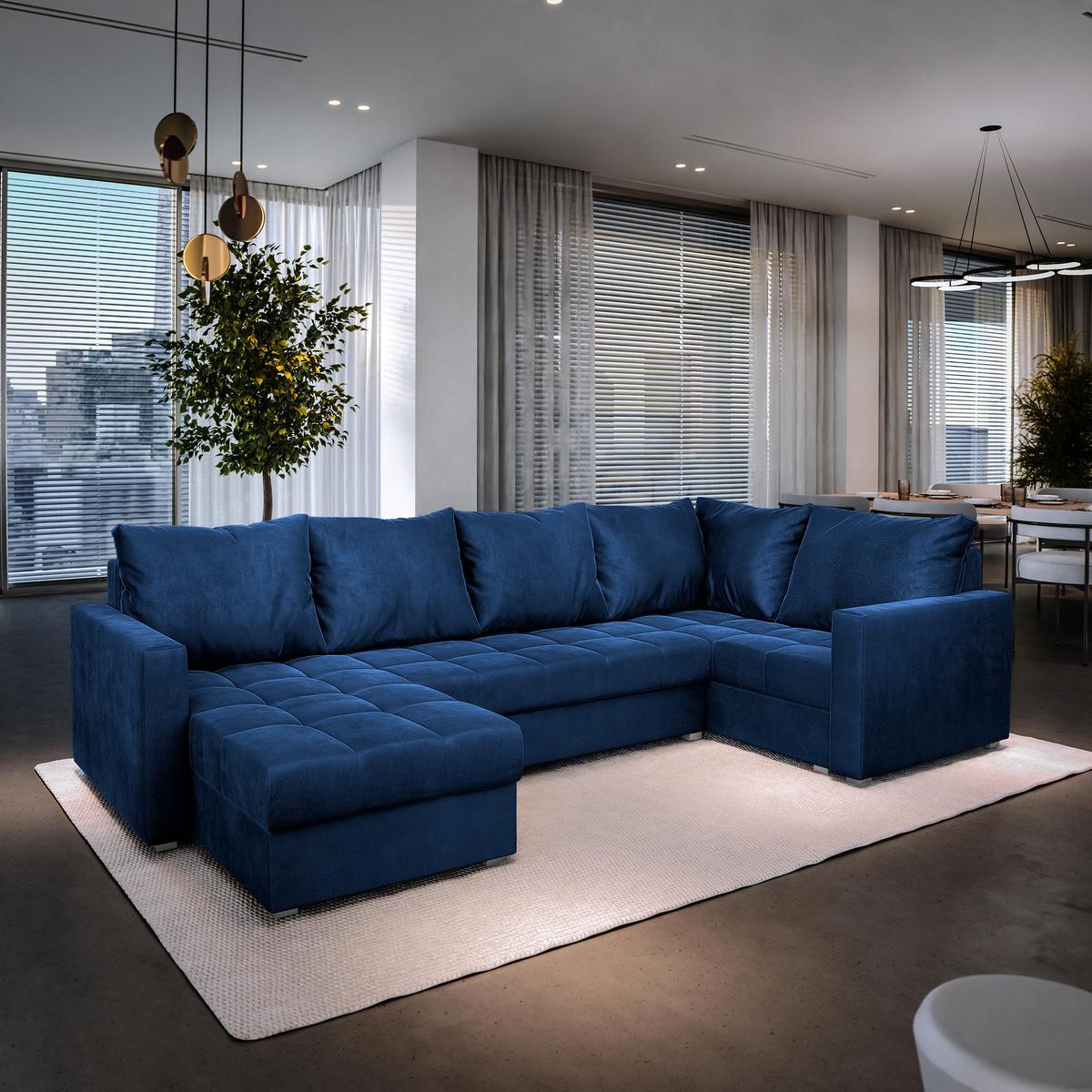 WOHNLANDSCHAFT LORIVO R-S Blau Plüsch-Stoff mit Schlaffunktion - Blau/Grau, Holz/Kunststoff (285/85/150cm) - MASSENO