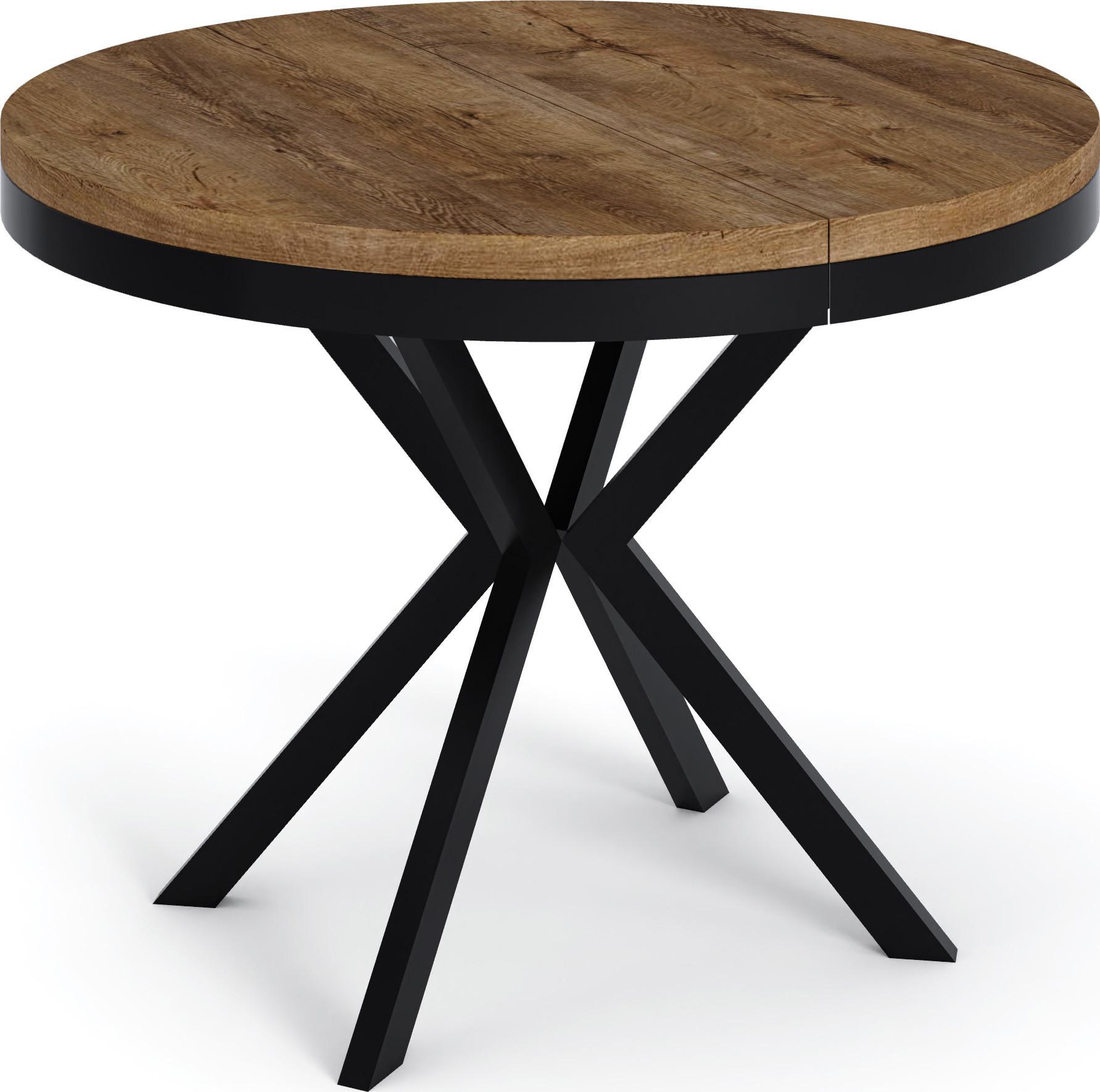 ESSTISCH Ross runder ausziehbarer, Lefkas Eiche 90-170/90/76 cm - Alteiche/Schwarz, Holzwerkstoff/Metall (90/170/76cm) - WFL GROUP