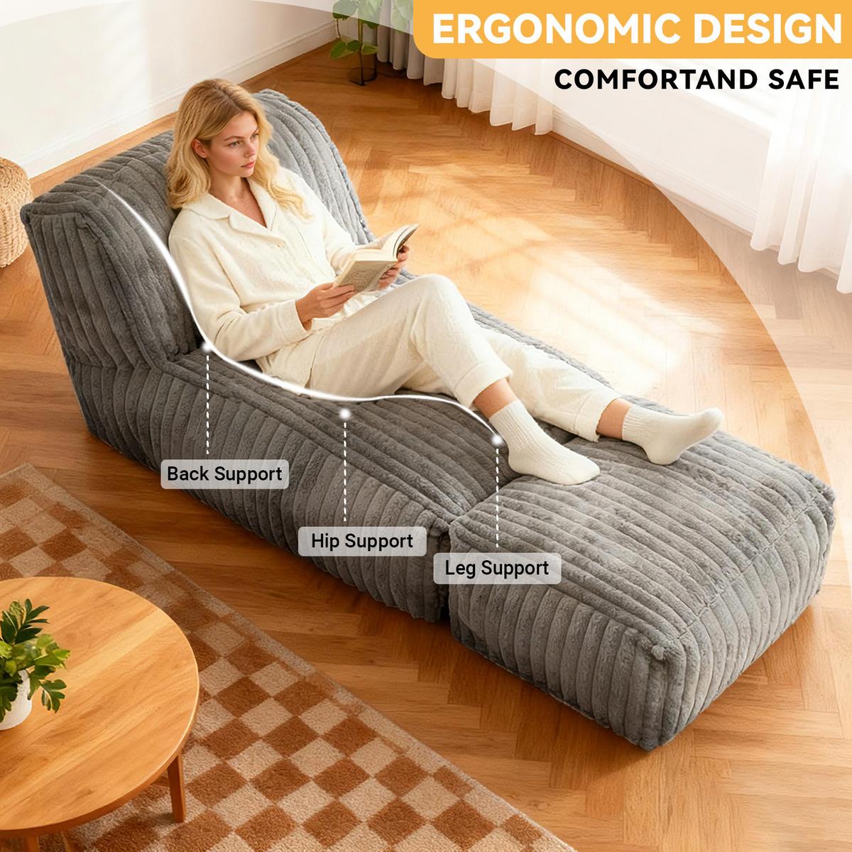 SESSEL MIT HOCKER aus Kordsamt modular und ergonomisch gepolstert - Hellgrau, Textil (160/66/80cm) - Urban Meuble