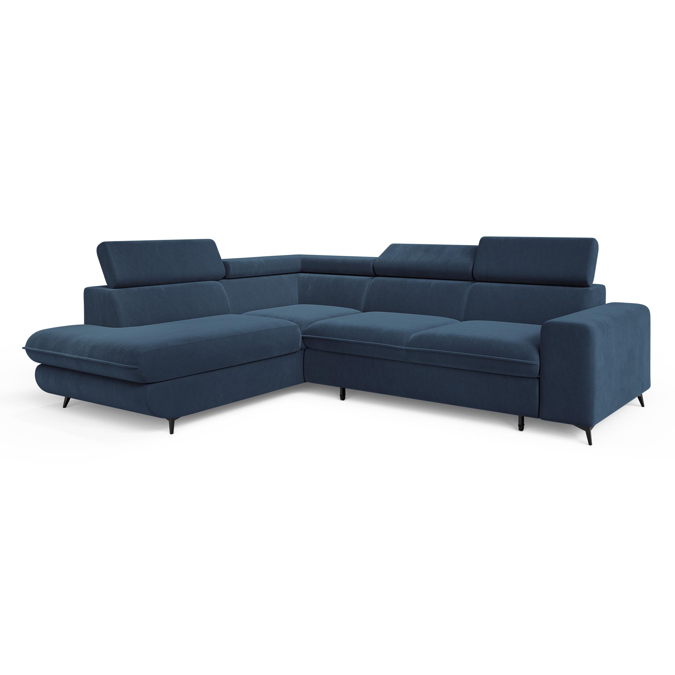 ECKSOFA VELISS Blau Veloursstoff mit Schlaffunktion - Blau, Holz (255/193cm) - MASSENO