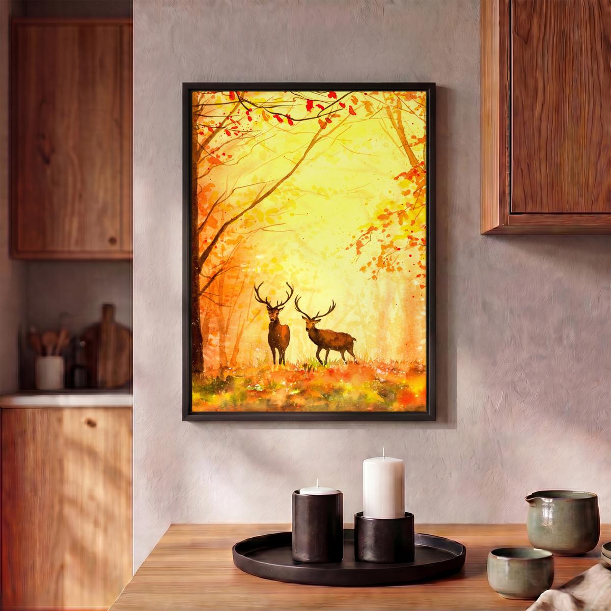 LEINWAND Bilder mit Rahmen - Natur - Ölfarbe - Hirsche - Tiere - Herbst - Orange - 30x40 - Orange, Textil (30/40cm) - MuchoWow