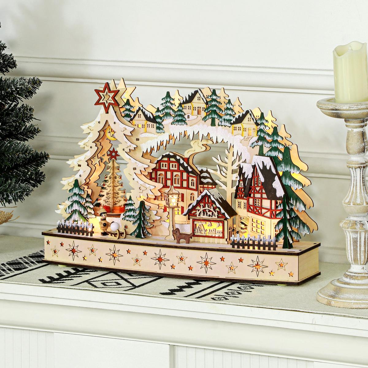 WEIHNACHTSDORF LED Winterlandschaft mit Waldszene, Weihnachtshäusern, Natur - Naturfarben, Holz (12/30/45cm) - HOMCOM