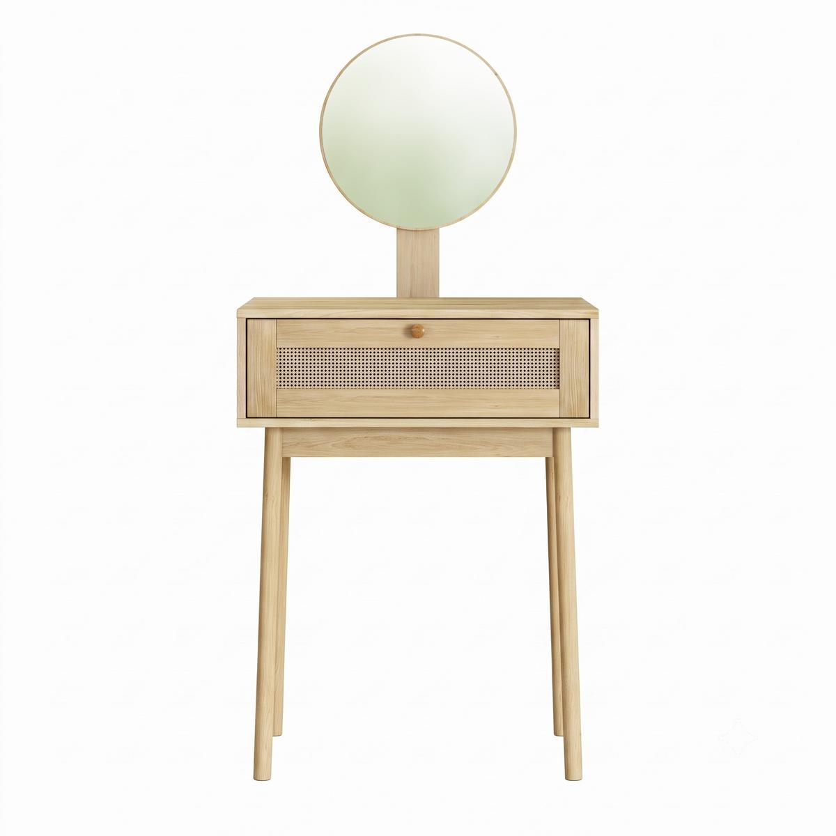 SCHMINKTISCH Rattan Eiche Optik mit Spiegel & Schublade Boho Kompakt - Eichefarben, Holzwerkstoff (60/128/50cm) - Urban Meuble