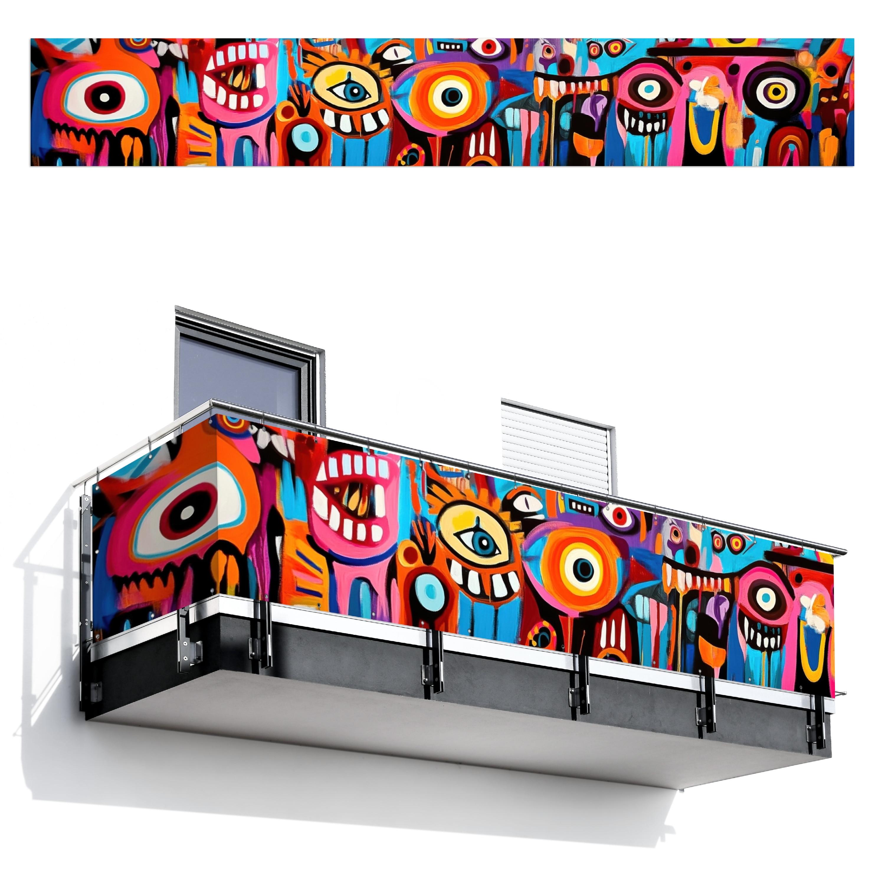 BALKON-SICHTSCHUTZ Abstrakt - Gesicht - Farbenfroh Groß 500x80 cm - Multicolor, Kunststoff (500/80cm) - MuchoWow