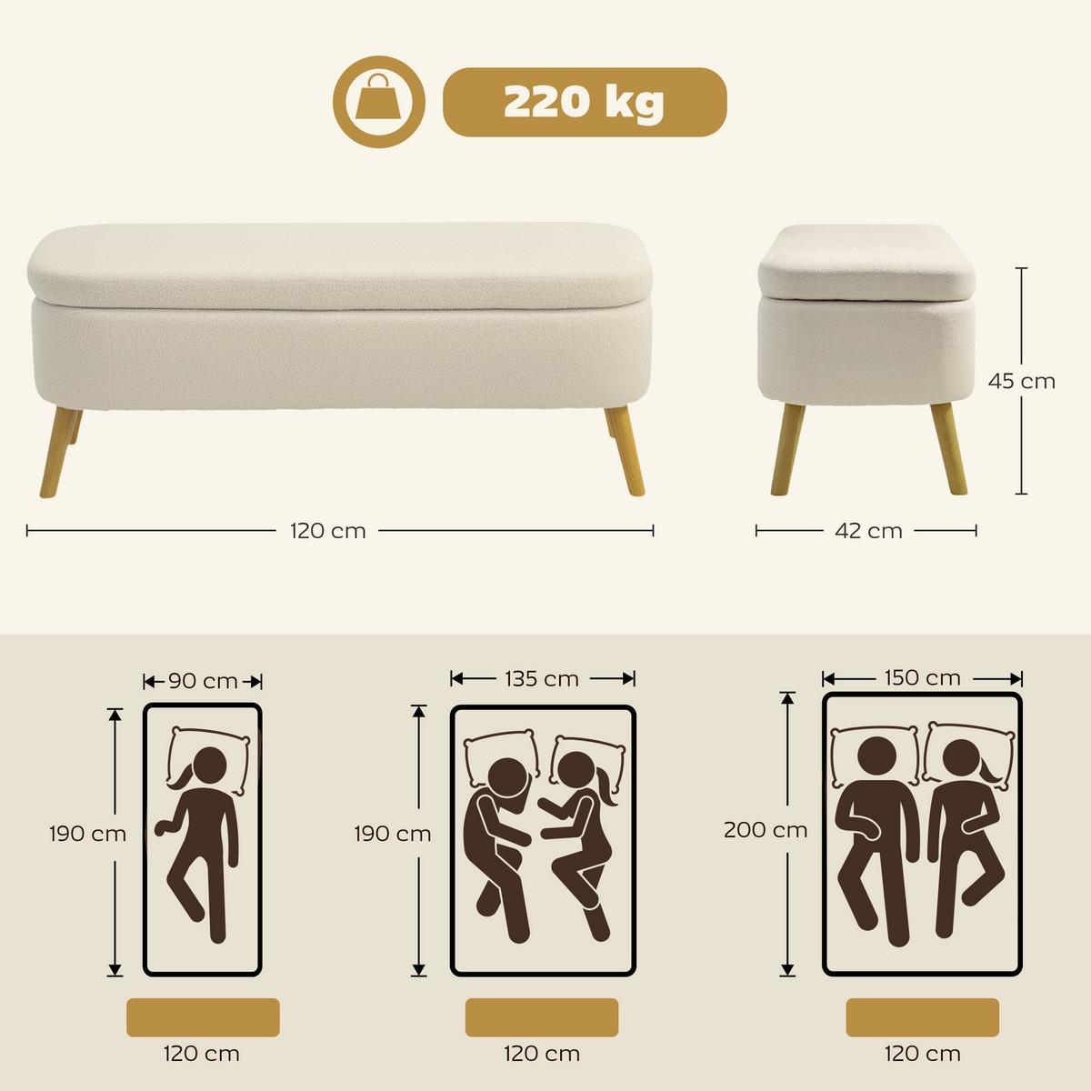 SITZBANK Polyester Kautschukholz Beige - Beige/Naturfarben, Holz/Textil (42/45/120cm) - HOMCOM