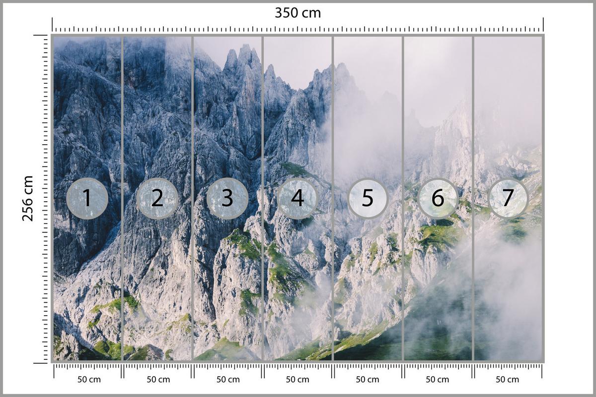 FOTOTAPETE für Wohnzimmer Felsige Berge Nebel Moos 350x256 - Blau/Weiß, Papier (350/256cm) - Muralo