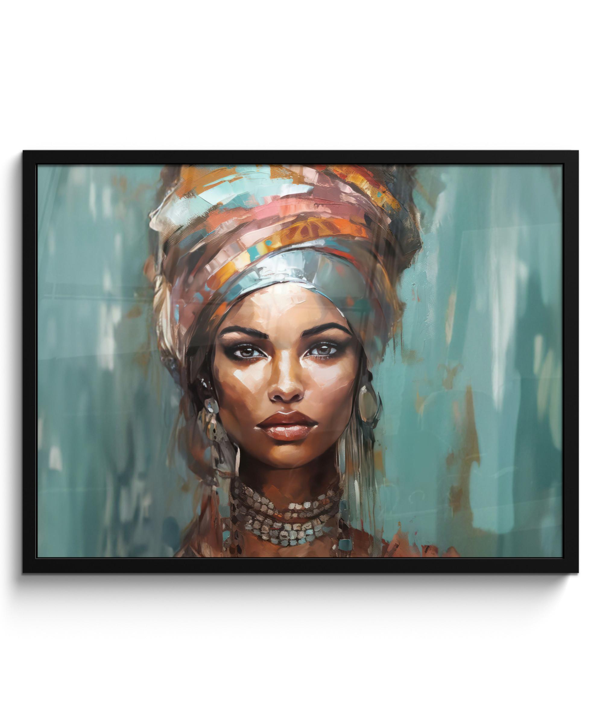 POSTER MIT RAHMEN Frau - Kunst - Schmuck - Porträt 80x60 cm - Blaugrau, Papier (80/60cm) - MuchoWow