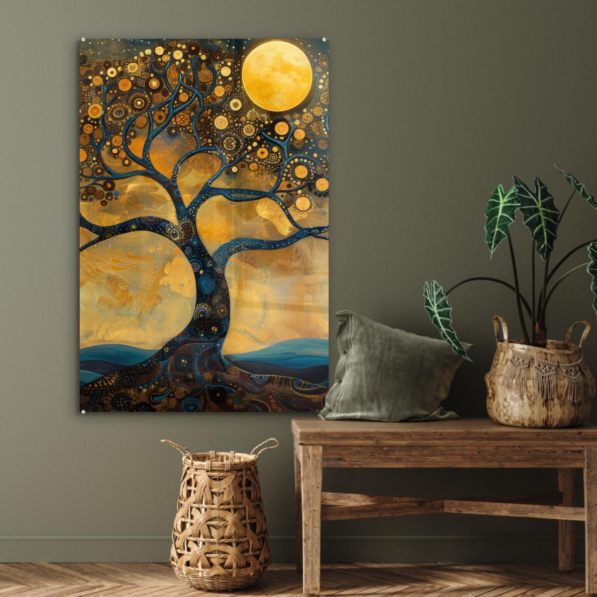 ACRYLGLASBILD Baum - Mond - Blumen - Gold - Kunst 80x120 cm - Orange, Glas (80/120cm) - MuchoWow