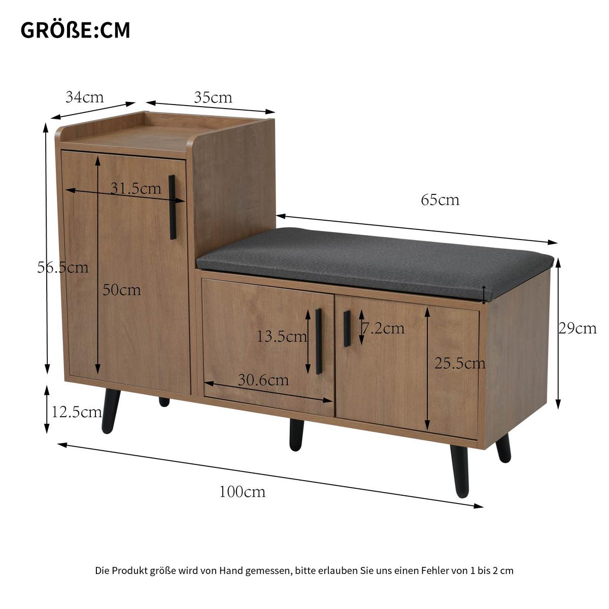 SCHUHBANK 100 cm Natur mit Stauraum, 3 Türen und gepolstertem Sitz für Flur - Naturfarben, Holzwerkstoff (100/68.5/34cm) - Urban Meuble