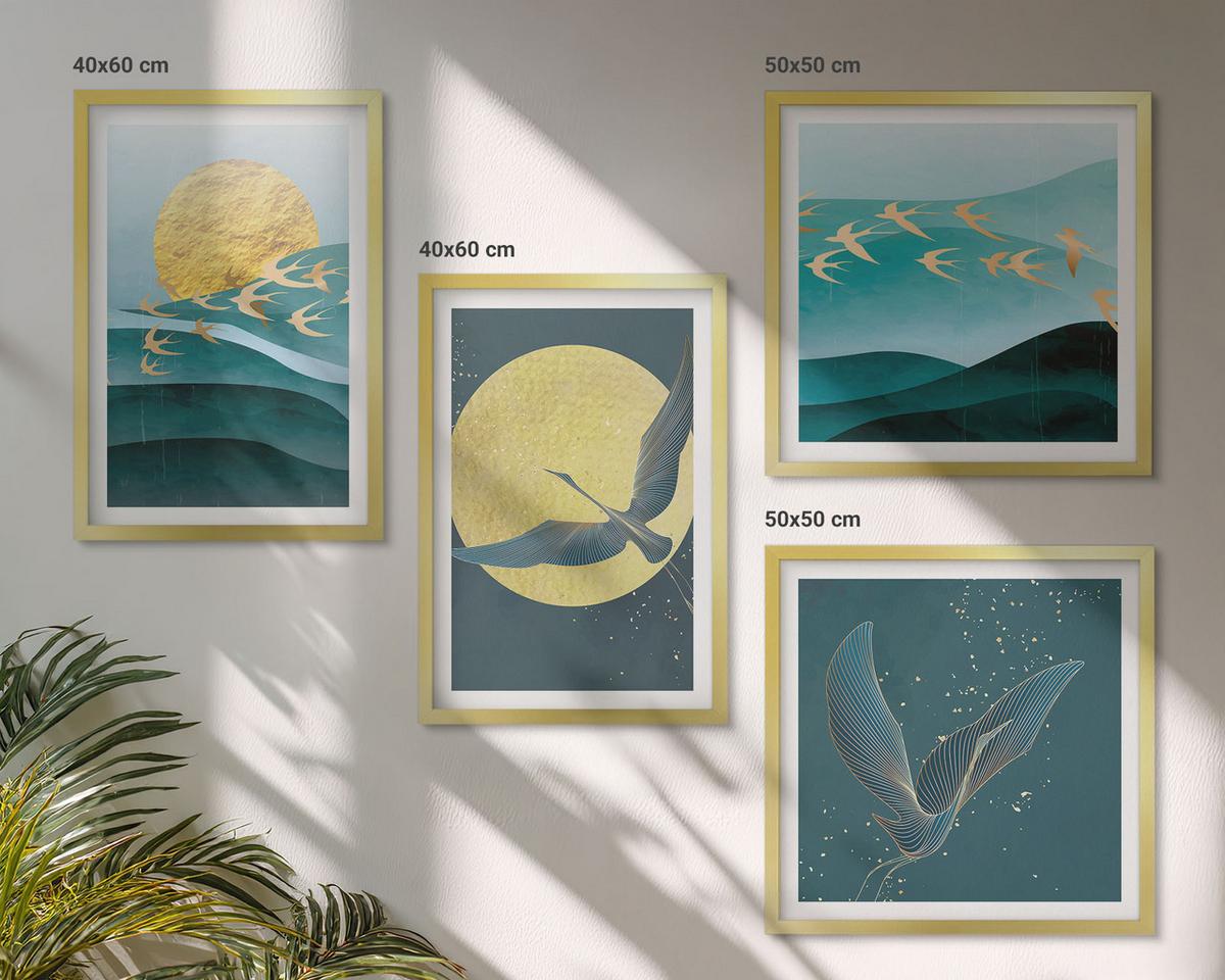 BILDER SET 4er Set - 50x50 cm & 40x60 cm Goldrahmen - Stilvolle Landschaften mit Vögeln - Goldfarben, Kunststoff (50/50cm) - TULUP