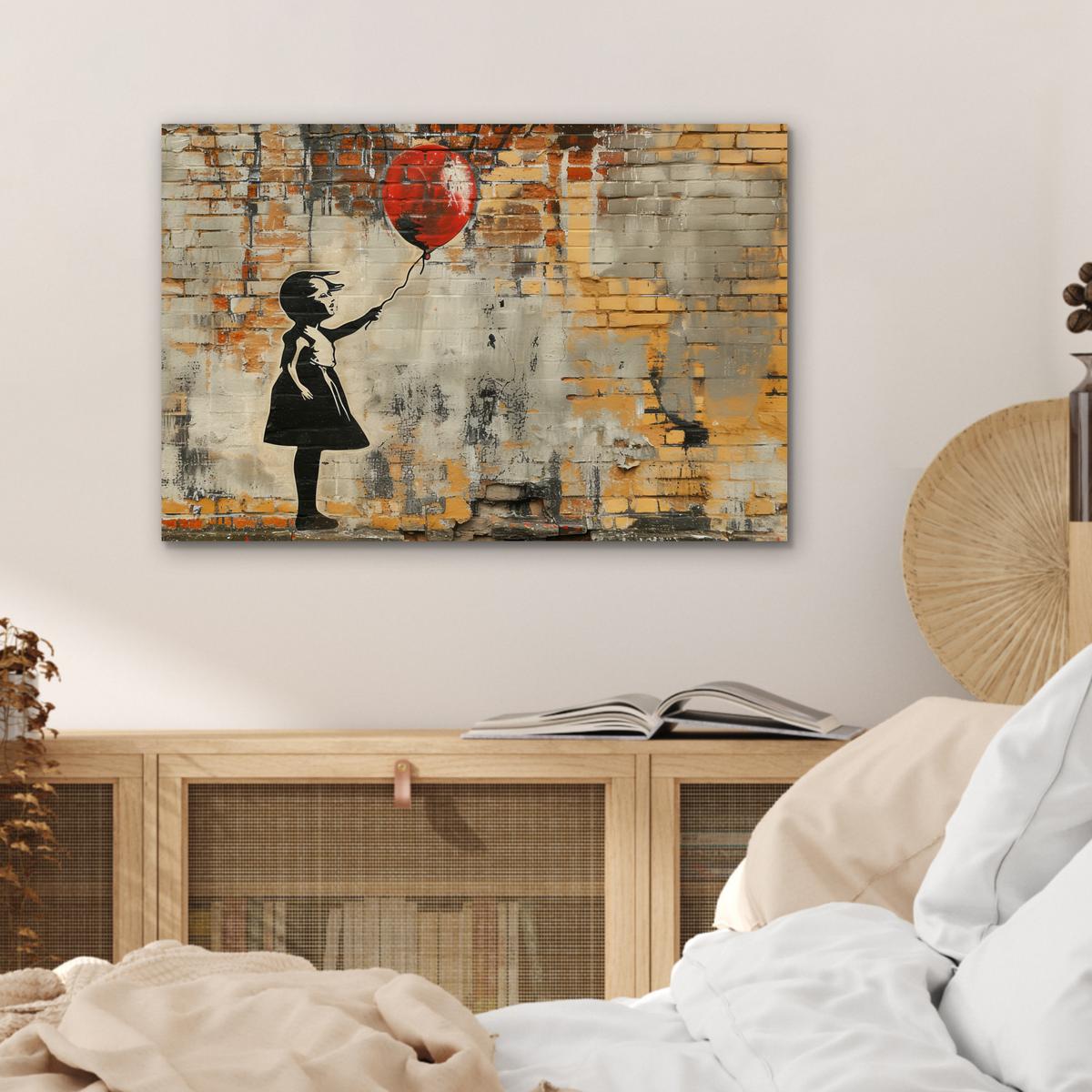 METALLBILD Graffiti - Banksy - Mädchen - Straßenkunst Wandbild 60x40 cm - Sandfarben, Metall (60/40cm) - MuchoWow