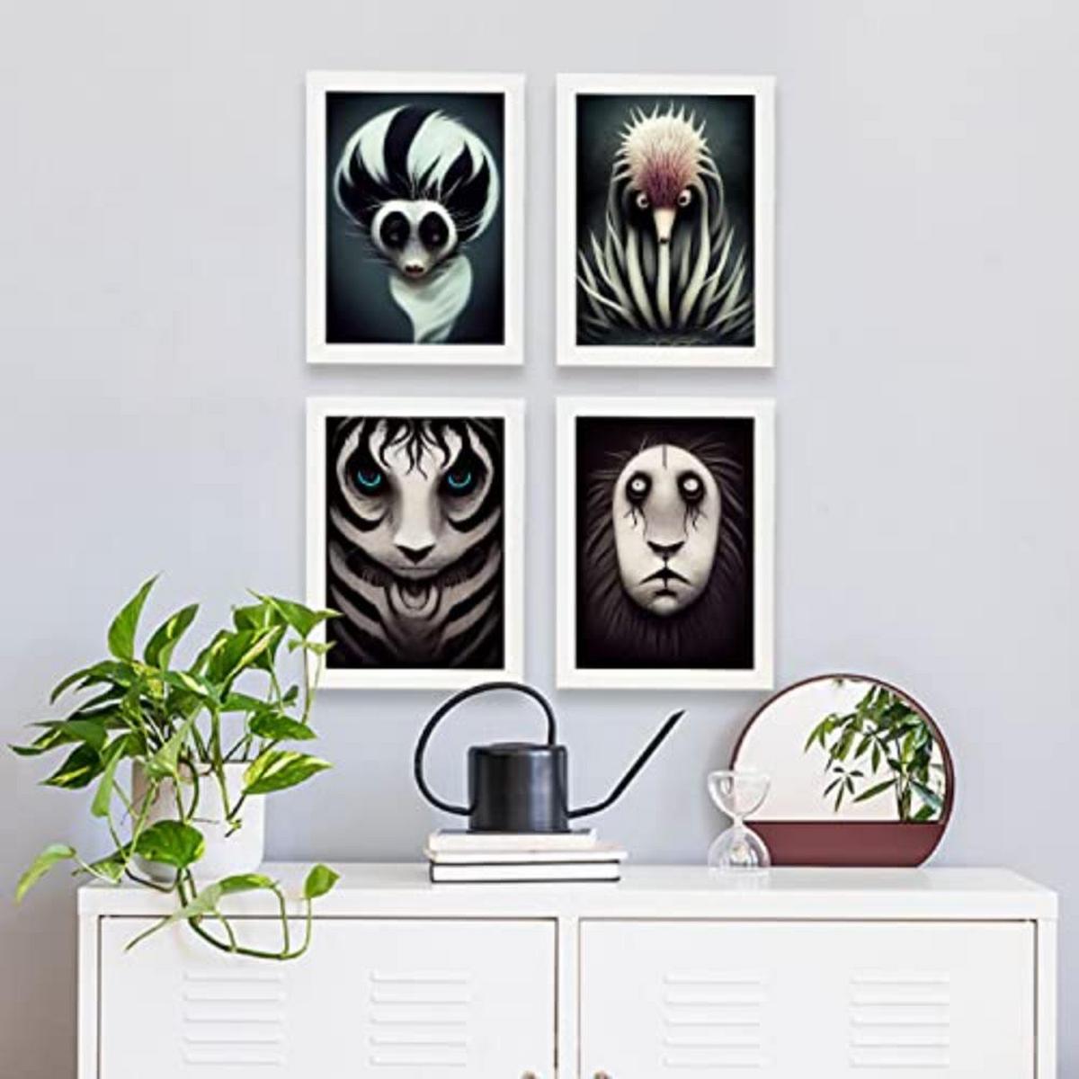 POSTER Set mit 4 Schwarz und weiß Tier im T Burton Goth Stil A3 Rahmen aus hellem Holz - Beige, Papier (29.7/3cm) - Nacnic