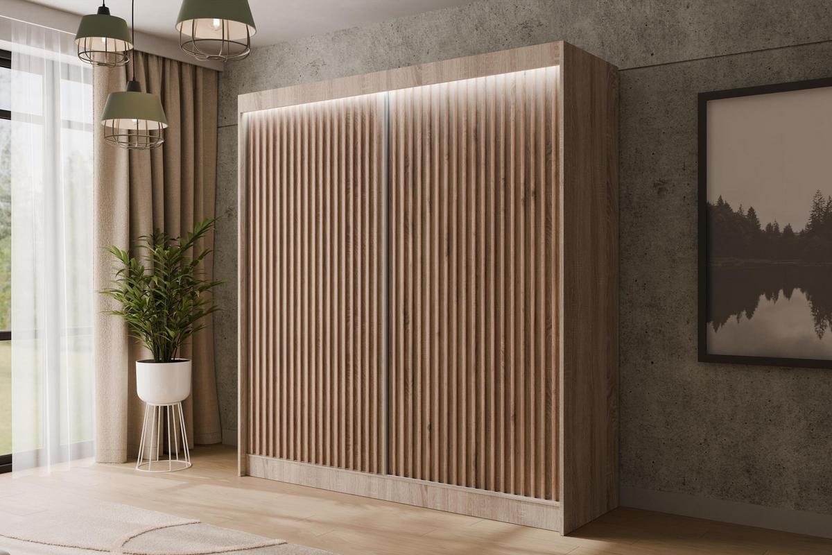 KLEIDERSCHRANK mit LED, Lamel-Schiebetüren VILANv2 - 200 cm Sonoma Eiche + Sonoma Eiche + Lamelle Eiche Wotan - Eiche Wotan/Sonoma Eiche, Holzwerkstoff (200/215/61cm) - ALTDECOR