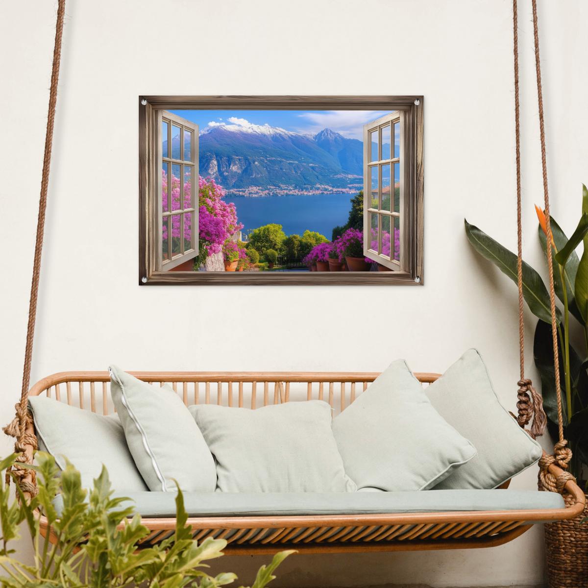 GARTENPOSTER Durchblick - Berg - Landschaft - Ausblicke - See Gartendeko 90x60 cm - Blau, Kunststoff (90/60/0.2cm) - OnlyWow