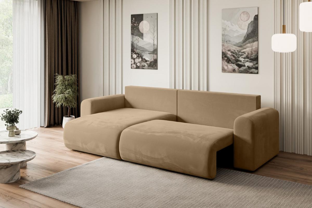 ECKSOFA mit Schlaffunktion und Bettkasten ORRO-L - 272x145x83 cm Beige Velours - Beige/Schwarz, Holzwerkstoff/Kunststoff (272/145cm) - ALTDECOR