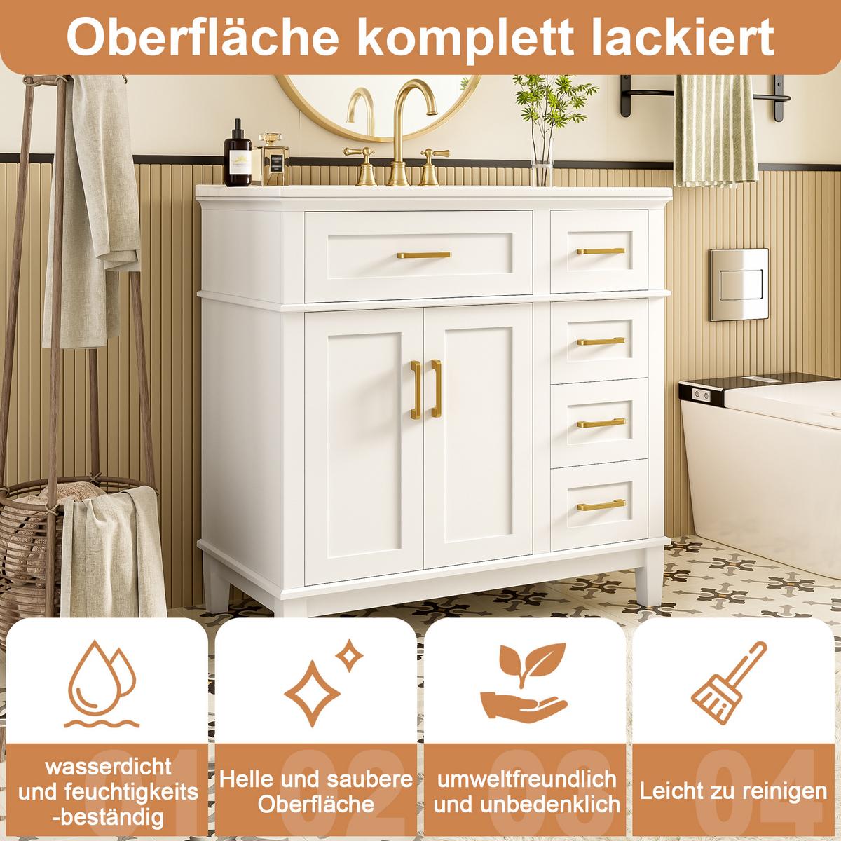 WASCHTISCH Weiß mit Goldgriffen, 5 Schubladen, Türregal & Keramikbecken 90cm - Weiß, Holzwerkstoff (90/87/46cm) - Urban Meuble