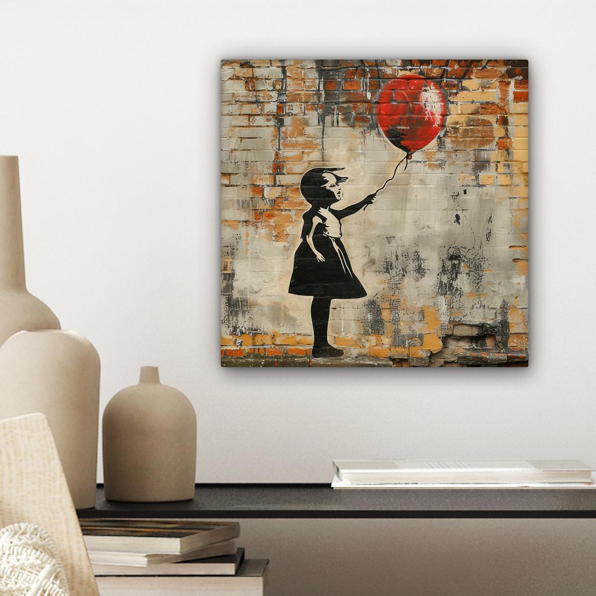 LEINWANDBILD Graffiti - Banksy - Mädchen - Straßenkunst Deko Wohnzimmer 20x20 cm - Sandfarben, Textil (20/20cm) - MuchoWow