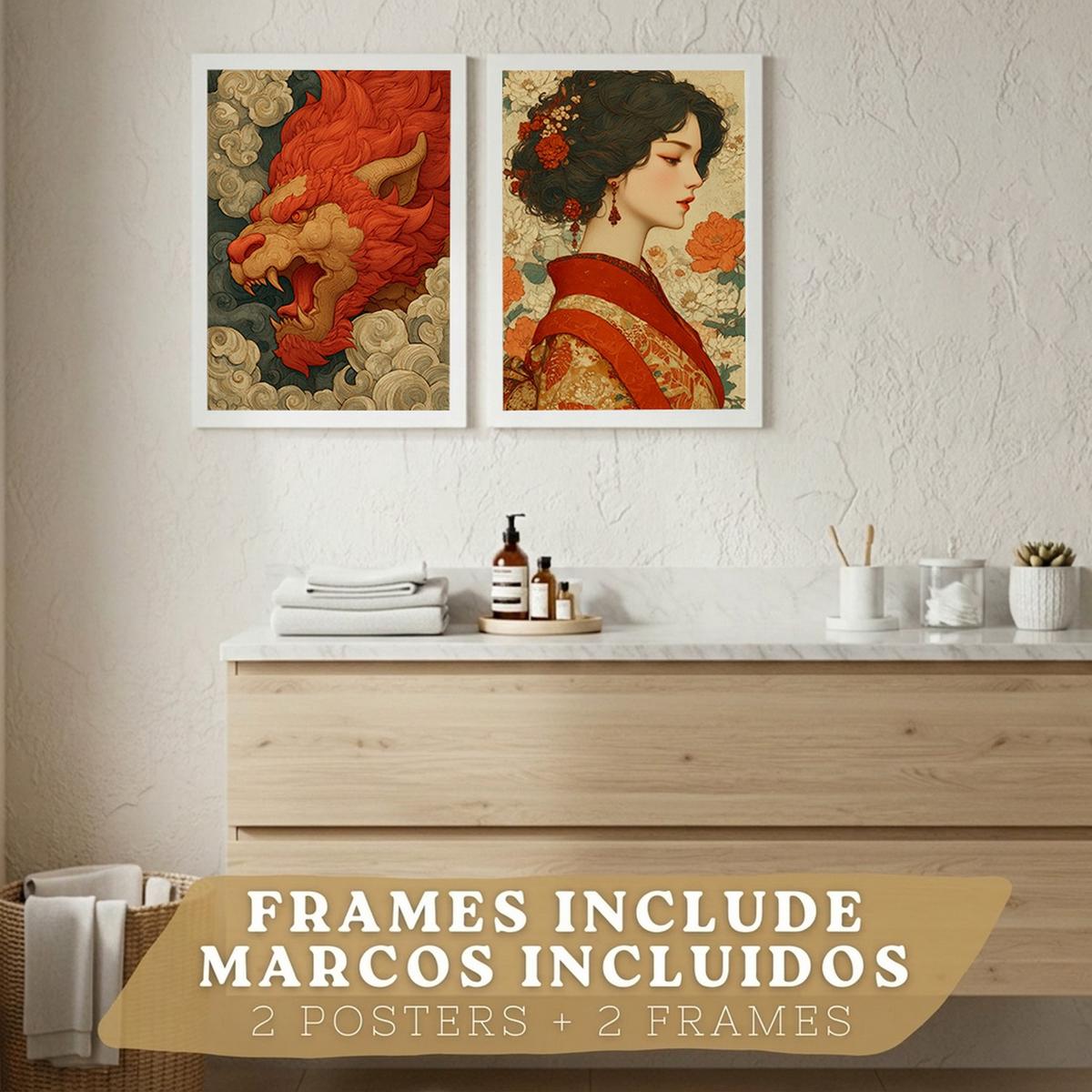 POSTER 2er-Set dekorative Badezimmer-Kunstdrucke, im japanischen Stil für Wand, Toilette mit orientalischem Drachen und Frau Weißer Rahmen A4 - Weiß, Papier (29.7/21/3cm) - Nacnic