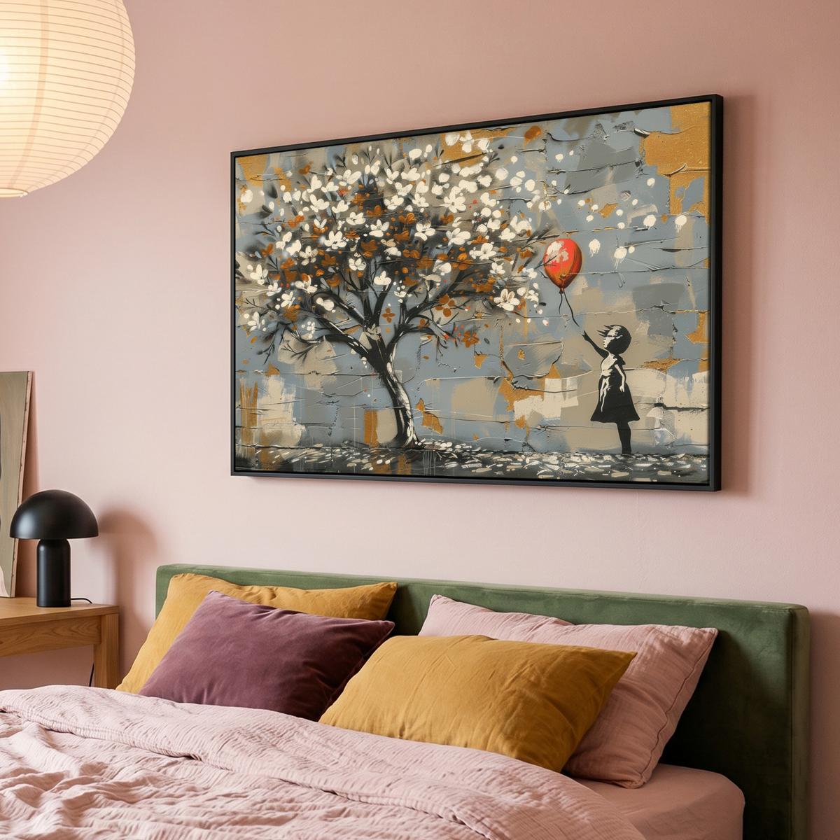 LEINWAND Bilder mit Rahmen - Baum - Graffiti - Banksy-Stil - Ballon-Mädchen - 140x90 - Blaugrau, Textil (140/90cm) - MuchoWow