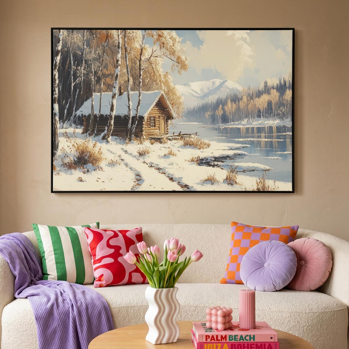 LEINWAND Bilder mit Rahmen - Winter - Schnee - Zuhause - Natur - 140x90 - Hellbraun, Textil (140/90cm) - MuchoWow