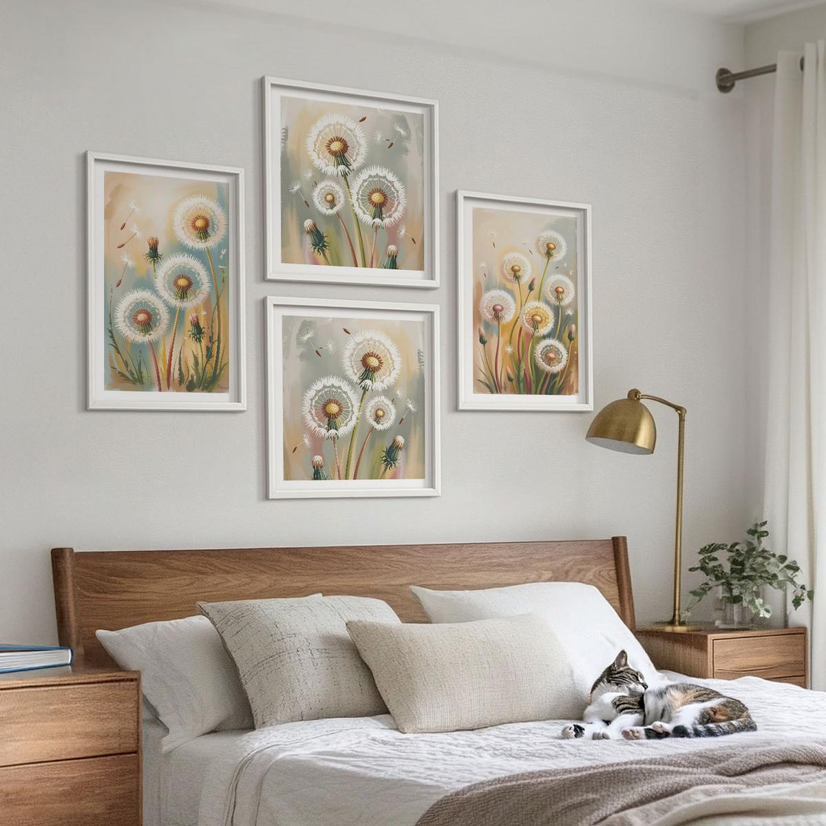 BILDER SET 4er Set - 50x50 cm & 40x60 cm Weißer Rahmen - Löwenzahnblüten, pastellfarbene Gräser - Weiß, Kunststoff (50/50cm) - TULUP