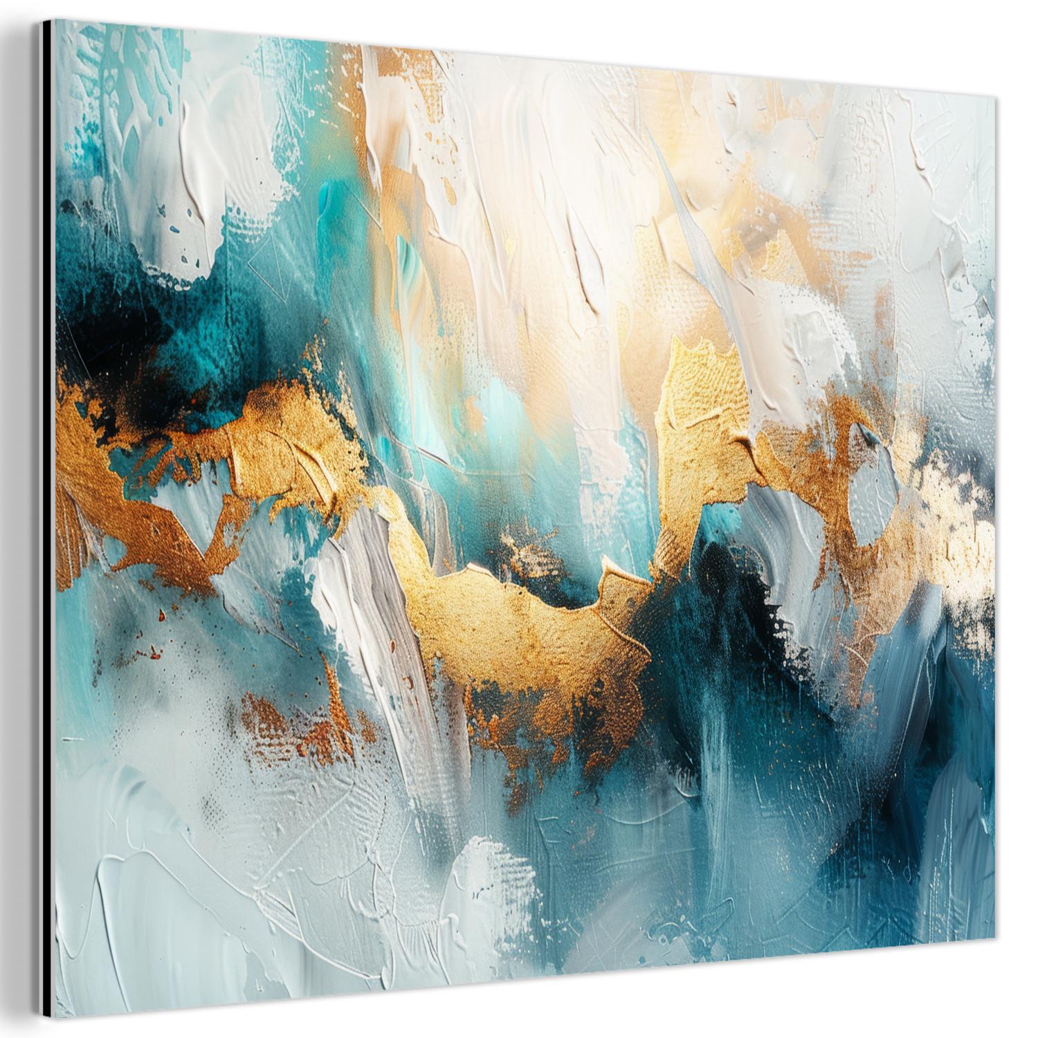 METALLBILD Abstrakt - Kunst - Gold - Blau 80x60 cm - Petrol, Metall (80/60cm) - MuchoWow