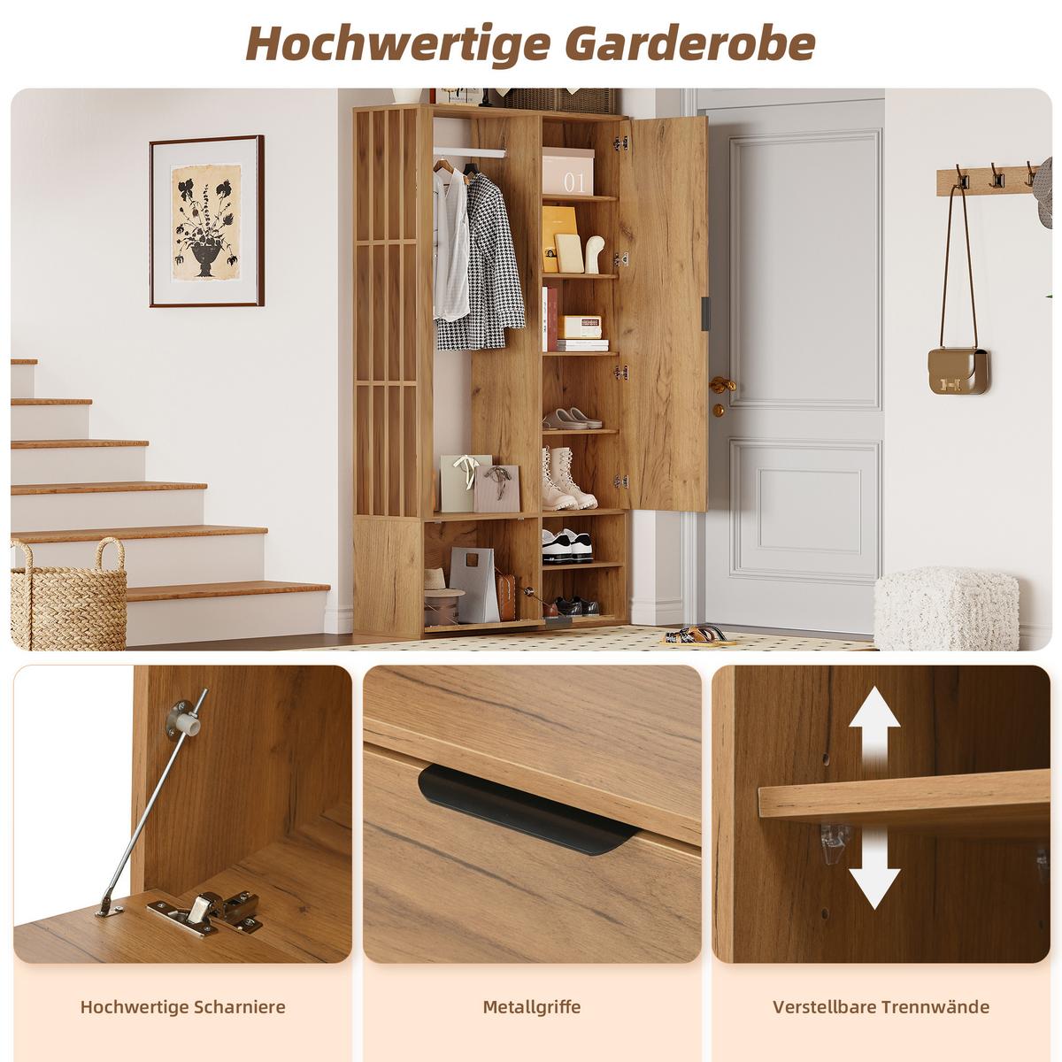 KLEIDERSCHRANK 6-in-1 mit Spiegel, & Wäscheständer Holzfarbe - Naturfarben, Holzwerkstoff (100/190/33cm) - Urban Meuble