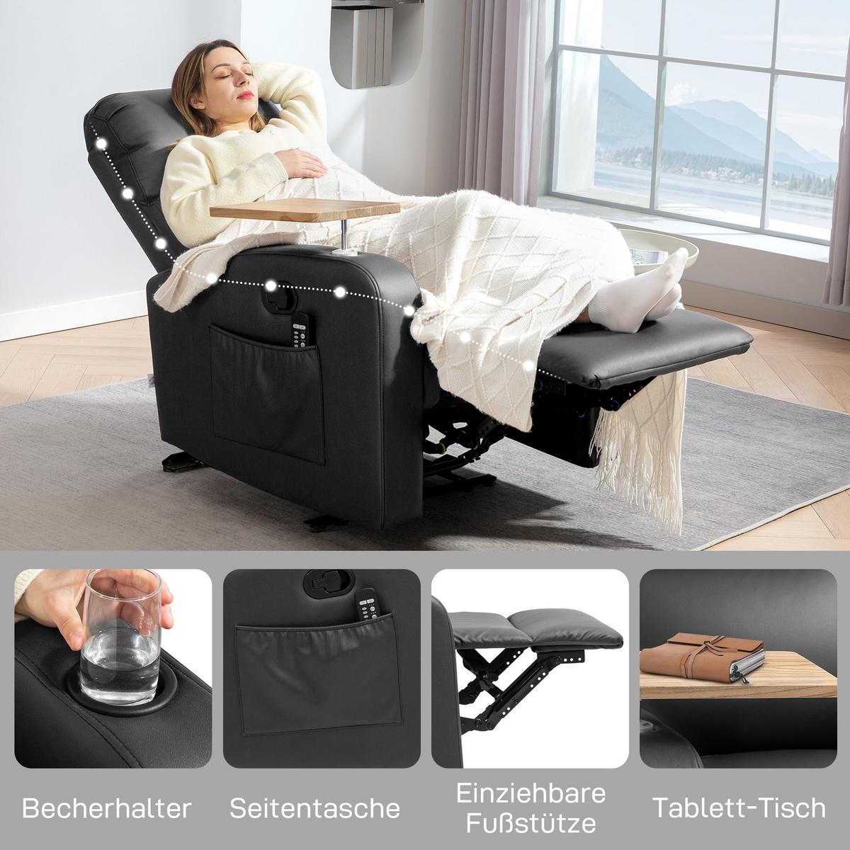 RELAXSESSEL Massagesessel Fernsehsessel mit Massagefunktion, Drehbarer Tisch - Schwarz, Metall (93/105/77cm) - HOMCOM