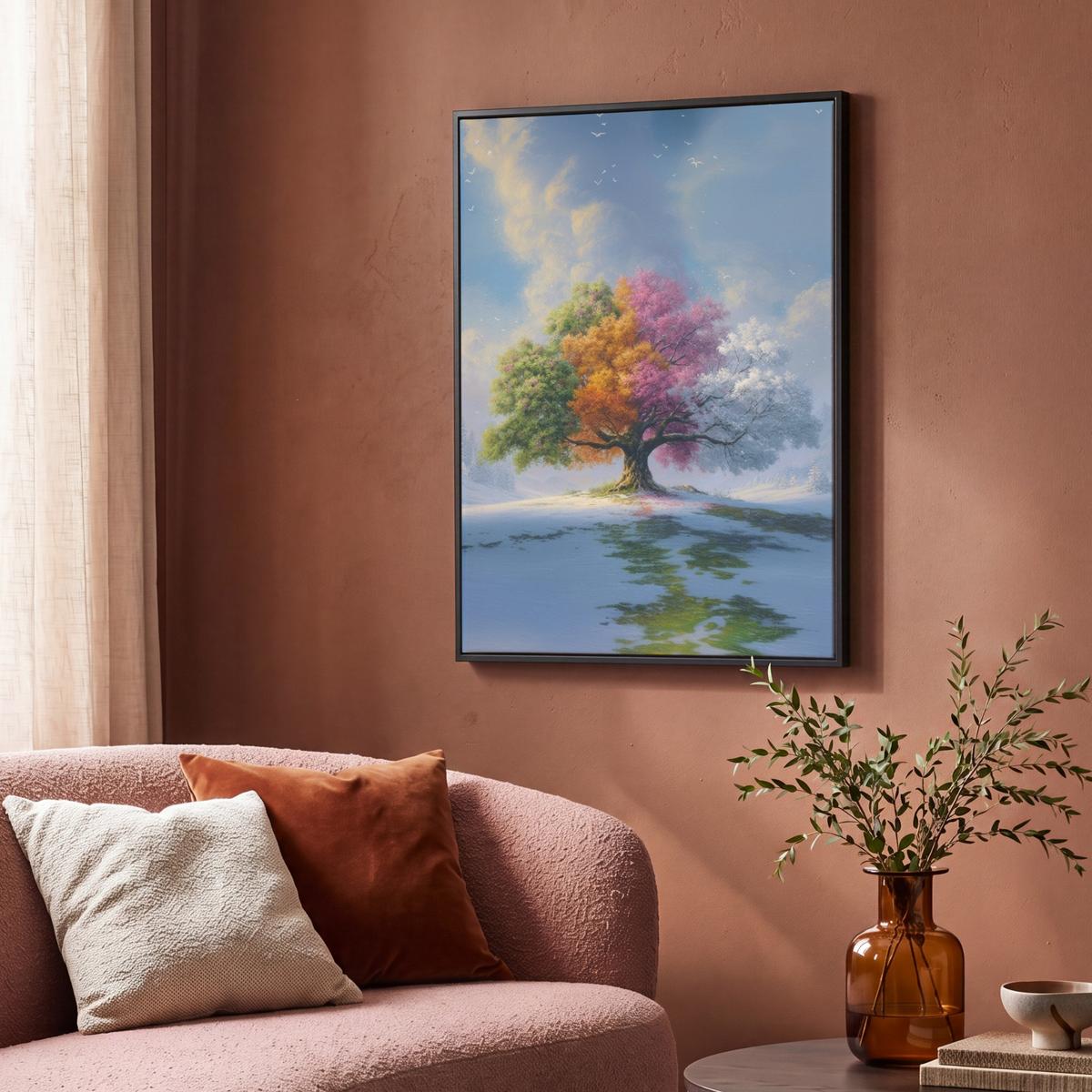 LEINWAND Bilder mit Rahmen - Baum - Jahreszeiten - Winter - Landschaft - 70x100 - Multicolor, Textil (70/100cm) - MuchoWow