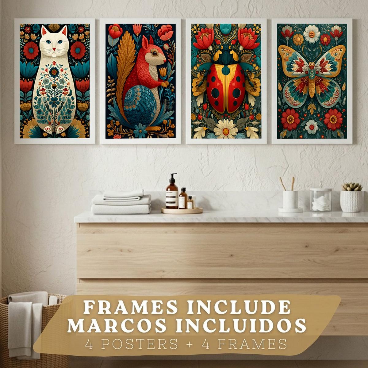 POSTER 4er-Set farbenfrohe Kunstdrucke im Folk-Art-Stil, Tiere und Blumen-Dekorationsbilder, im botanischen Stil für Wohnzimmer Weißer Rahmen A4 - Weiß, Papier (29.7/21/3cm) - Nacnic
