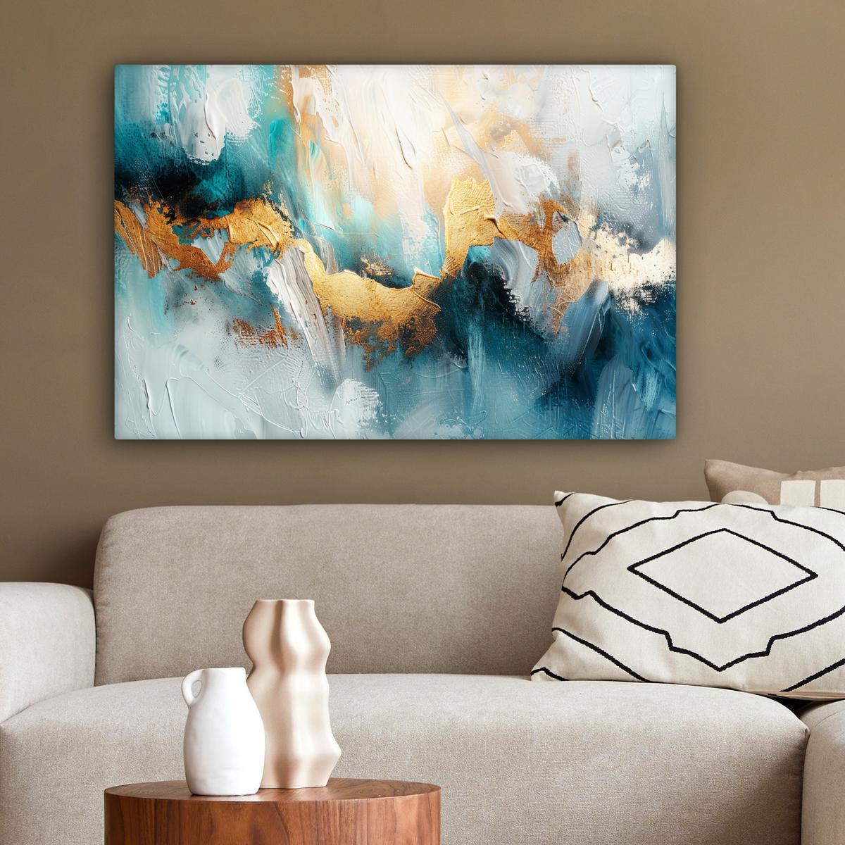 LEINWANDBILD Abstrakt - Kunst - Gold - Blau Wanddeko 90x60 cm - Petrol, Textil (90/60cm) - MuchoWow