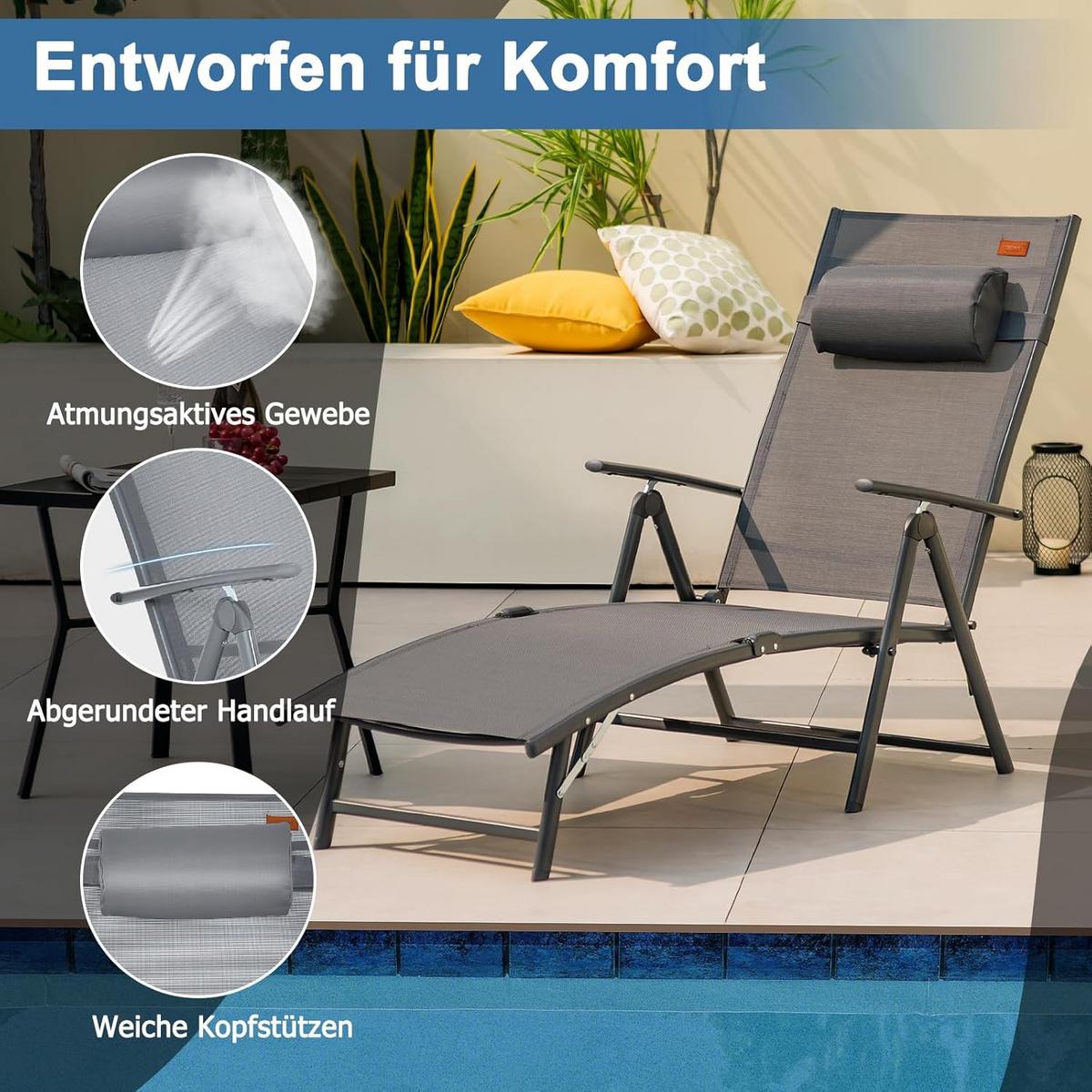 GARTENLIEGE Grau - Grau, Textil (185/73/61cm) - COSTWAY